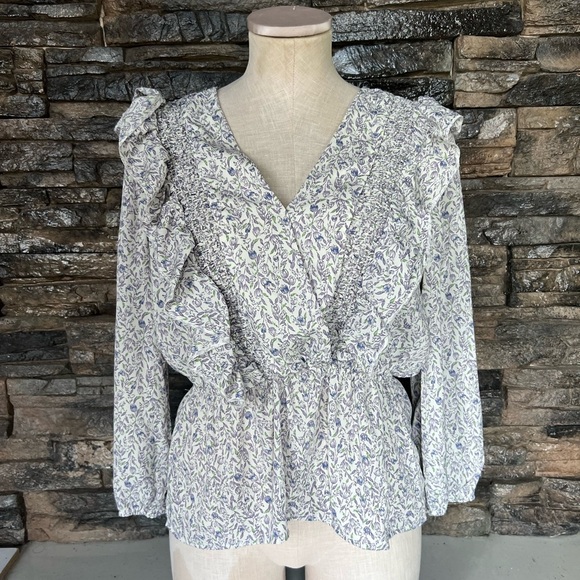 Floral Ruffle Blouse - Blue and White - Picture 11 of 14
